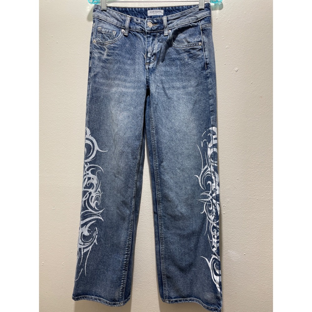 Cyber Y2K Love Soho Tribal Graphic Print Baggy Wide Leg Grunge Jeans 0
